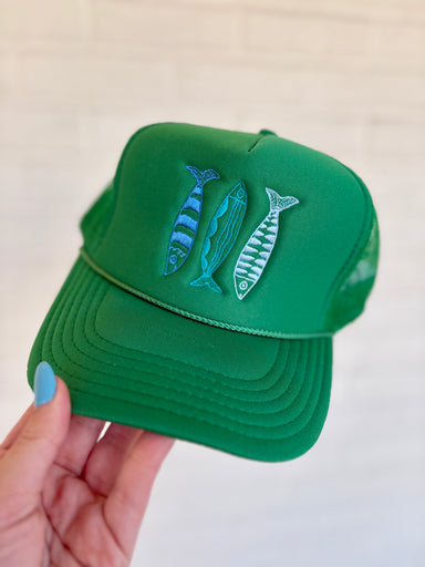Kelly Green Trucker Hat with Colorful Sardines coastal cowgirl aesthetic womens rope hat fishing summer beach