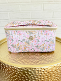 Pink floral makeup zip bag with bow handle