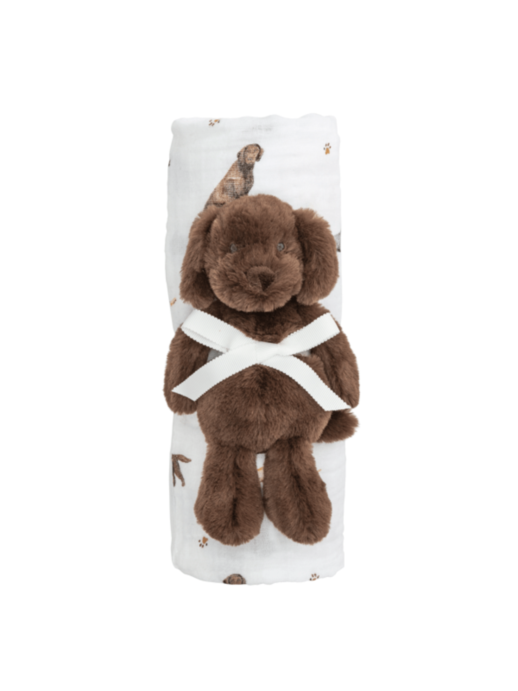 yellow and chocolate lab dog swaddle & rattle