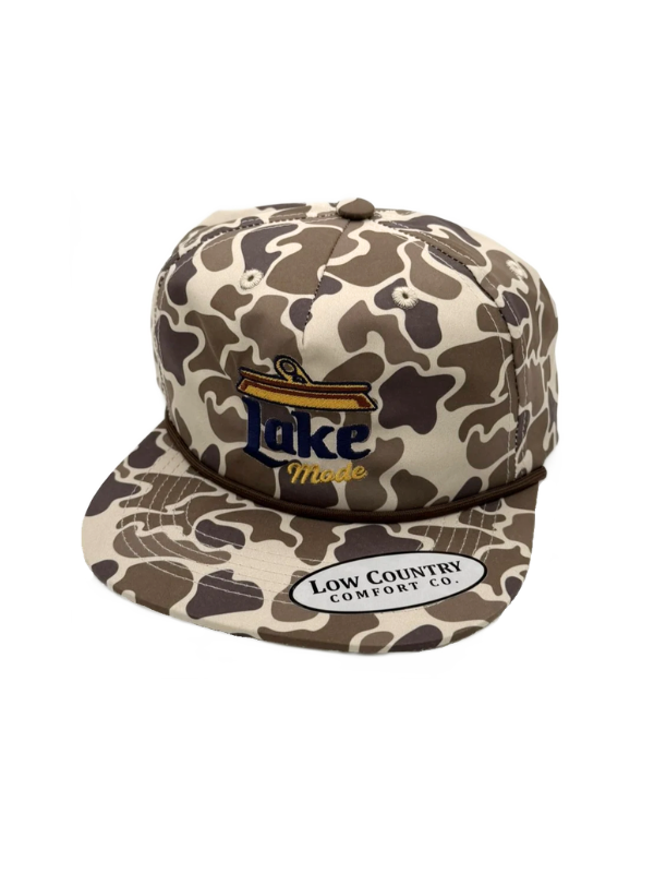 Brown camo hat with lake mode in a can 