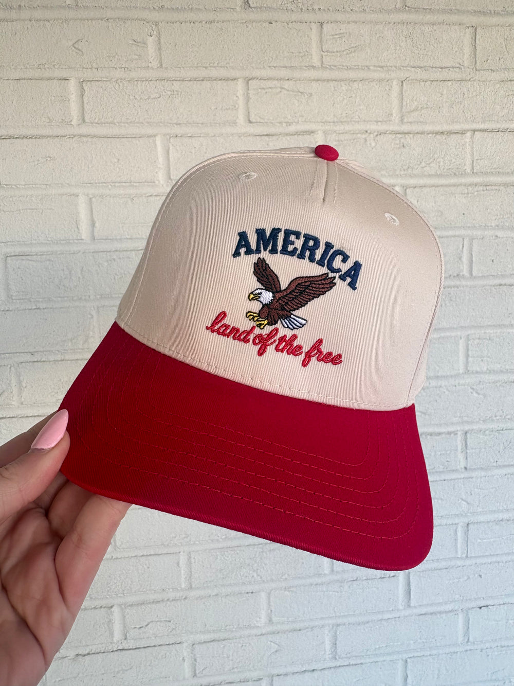 America Land of the Free trucker hat eagle embroidered detail