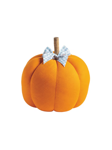 Large Orange Fabric Pumpkin with Blue  gingham Bow By Mudpie