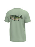 big bass with hook on green shirt