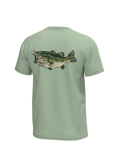 big bass with hook on green shirt