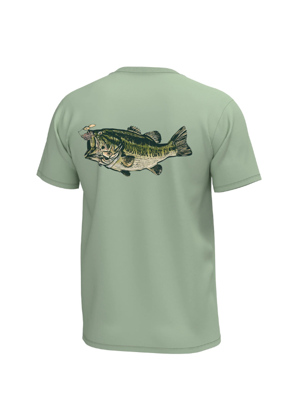 big bass with hook on green shirt