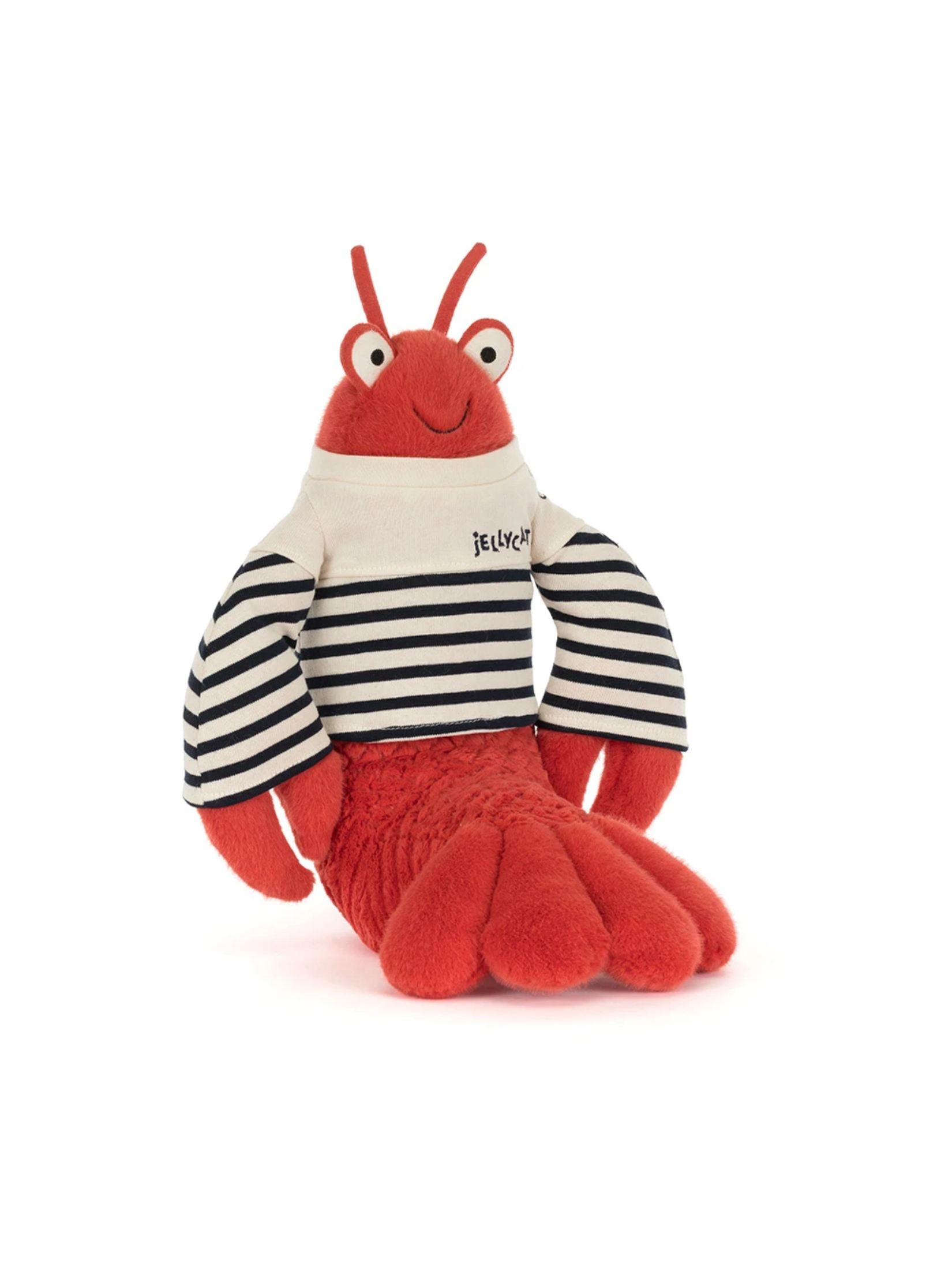 Plush toy lobster with a striped shirt