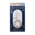 Packaging of Latch & Soothe breastlike pacifiers with two pacifiers inside on a white background.