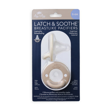 Packaging of Latch & Soothe breastlike pacifiers with two pacifiers inside on a white background.