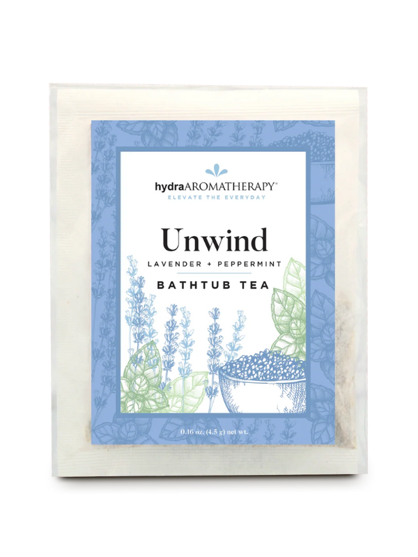 Hydra Aromatherapy 'Unwind' bathtub tea packaging on a white background