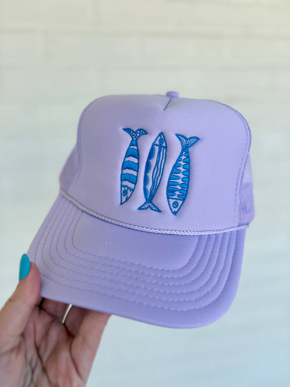 Lavender Trucker Hat with Blue Sardines purple coastal cowgirl aesthetic electric blue rope womens
