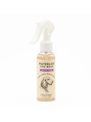 Waterless dog wash bottle with lavender vanilla scent on a white background