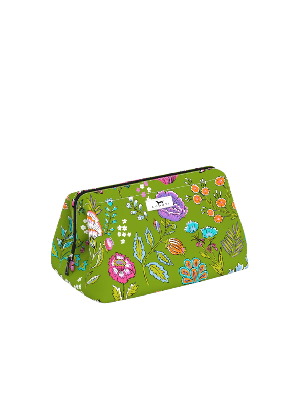 A green cosmetic pouch with a colorful floral and butterfly pattern, featuring a black zipper closure and a small white brand label.