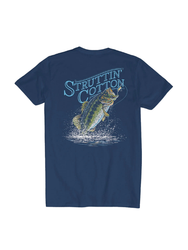 bass leaping out of the water navy tee