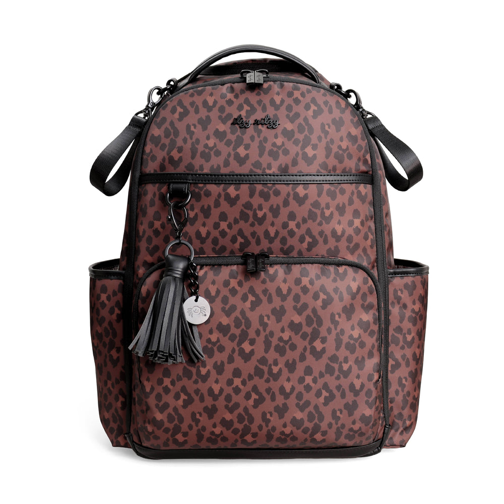 Leopard print backpack with black accents on a white background