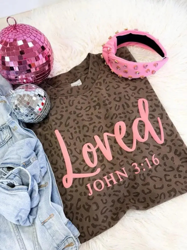 Brown leopard tee with "Loved John 3:16" on it