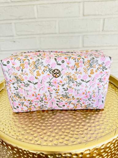 pink floral small cosmetic bag with zipper