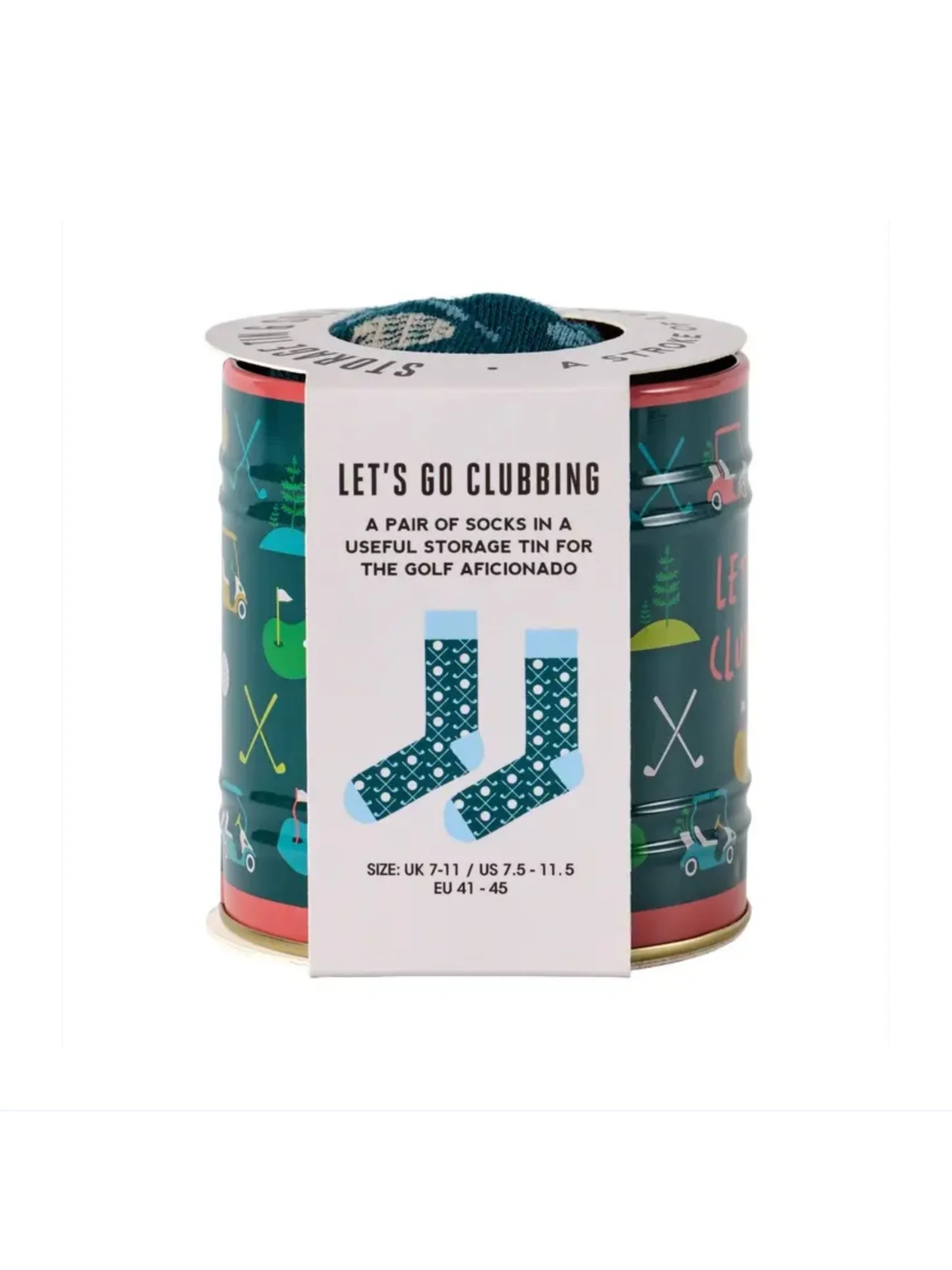 Storage tin with socks labeled 'Let's Go Clubbing' 