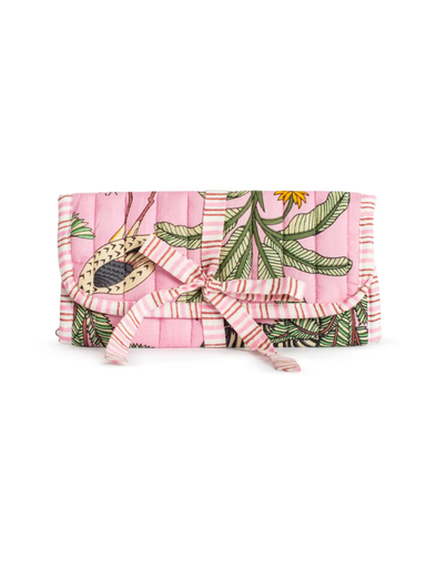 Pink printed quilted travel jewelry case 