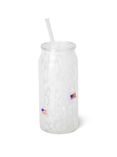 white glass with glass American Flag on it 
