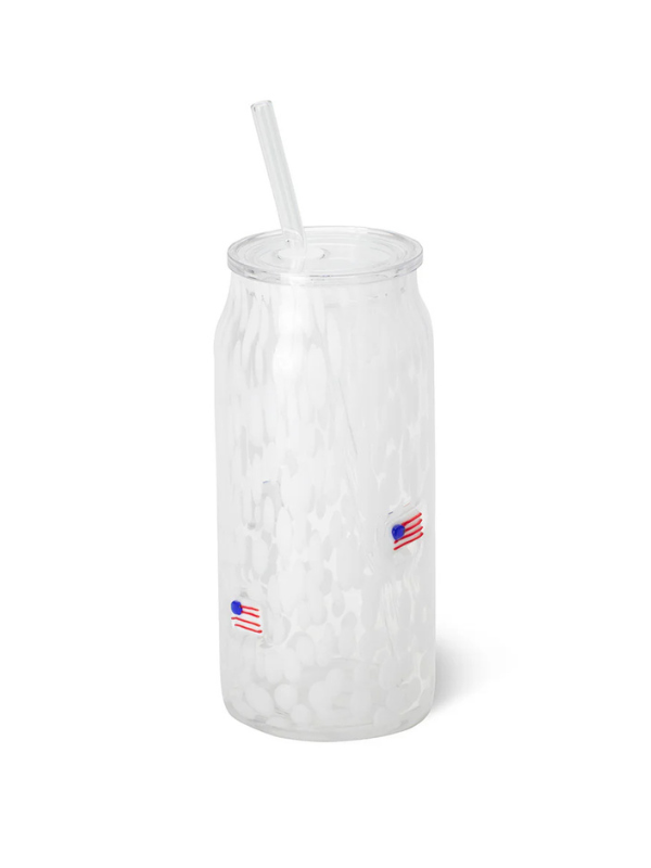 white glass with glass American Flag on it 