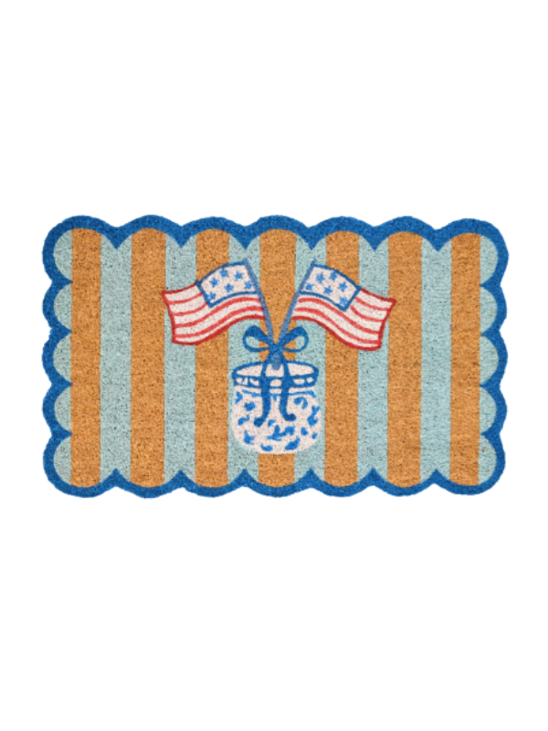 Decorative doormat with American flags and a chinoiserie design 
