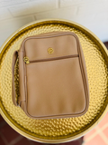 light brown bible cover with zipper pocket on front 