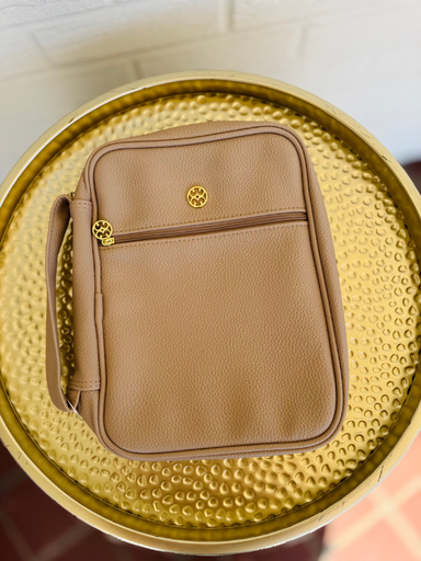 light brown bible cover with zipper pocket on front 