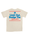 ivory tee with blue and red writing 