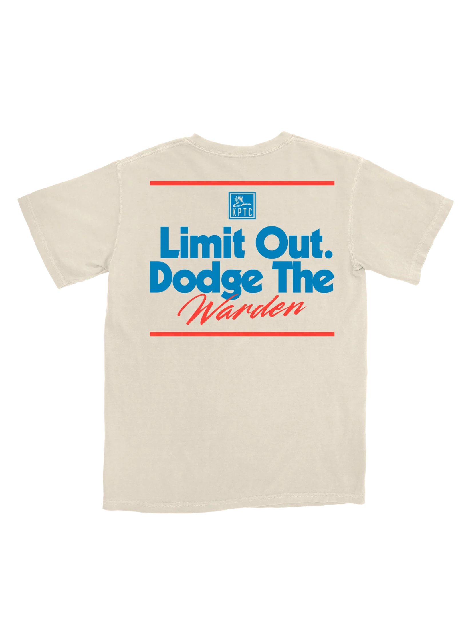 ivory tee with blue and red writing 