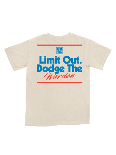 ivory tee with blue and red writing 