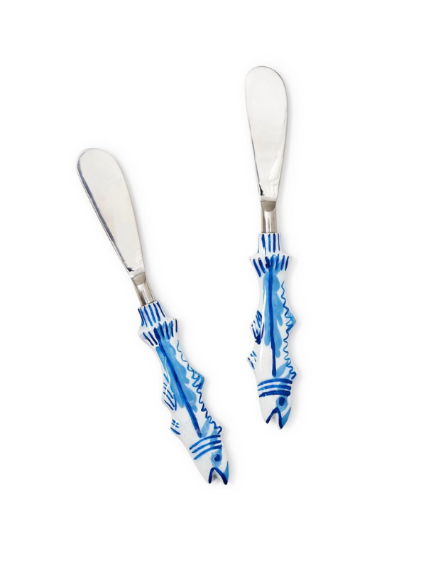 Set of 2 blue and white fish handle spreaders