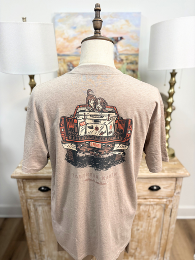 heathered tan puppy and truck 