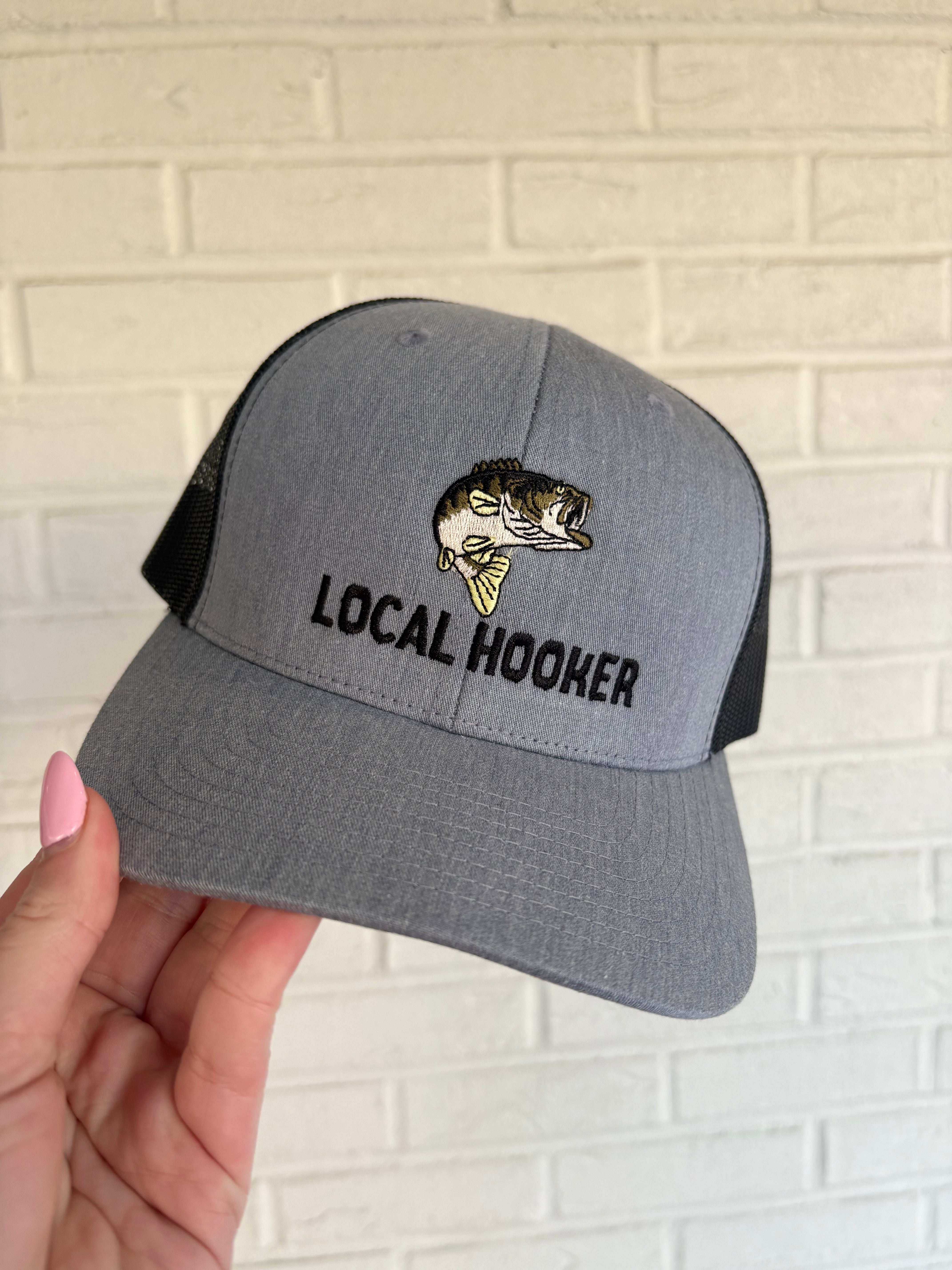 Grey trucker hat with local hooker bass embroidered detail 