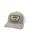 tan hat with a patch that says local hooker with a fish on it 