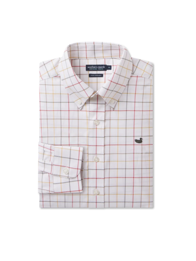 taupe and yellow lined polo long sleeve shirt