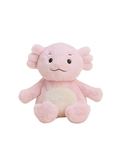 A pink plush toy with large ears, small black embroidered eyes, a stitched frown, and a cream-colored belly