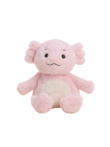 A pink plush toy with large ears, small black embroidered eyes, a stitched frown, and a cream-colored belly