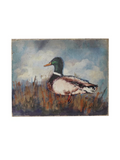 Painting of a duck in a natural setting with grass and sky.