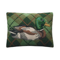 Decorative pillow with a duck design on a green plaid background