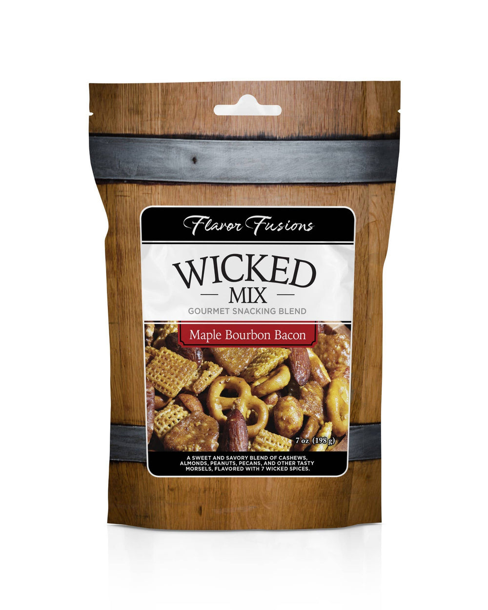 A stand-up pouch of Flavor Fusions Wicked Mix Gourmet Snacking Blend in Maple Bourbon Bacon flavor, featuring a rustic wood-grain design with dark metallic bands and a central label showing the snack mix contents.