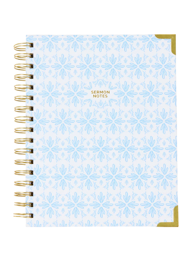 Notebook with blue floral pattern and 'Sermon Notes' text on a white background