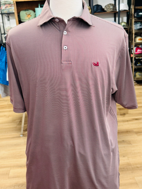 Meadowood Stripe Bermuda Performance Polo in Maroon & Gray By Southern Marsh co