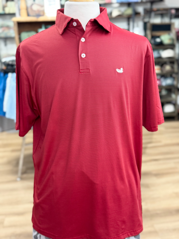Meadowood Stripe Bermuda Performance Polo in Red & Black By Southern Marsh co