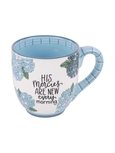 Mercies Are New Hydrangea Mug flower inspiration blue cup