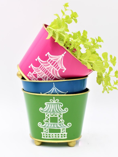 Three colorful cachepots with pagoda design