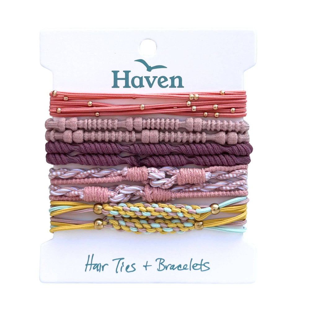 Set of hair ties and bracelets on a Haven branded card