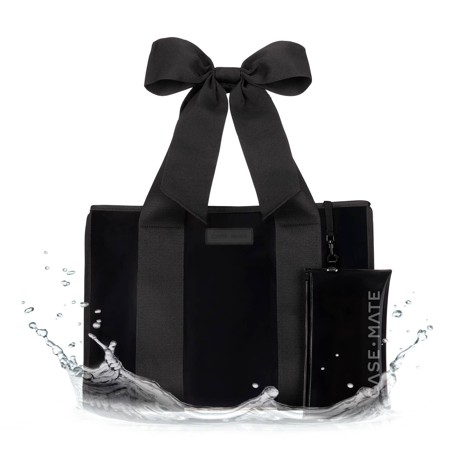 Black tote bag with a large bow and a black pouch on a white background