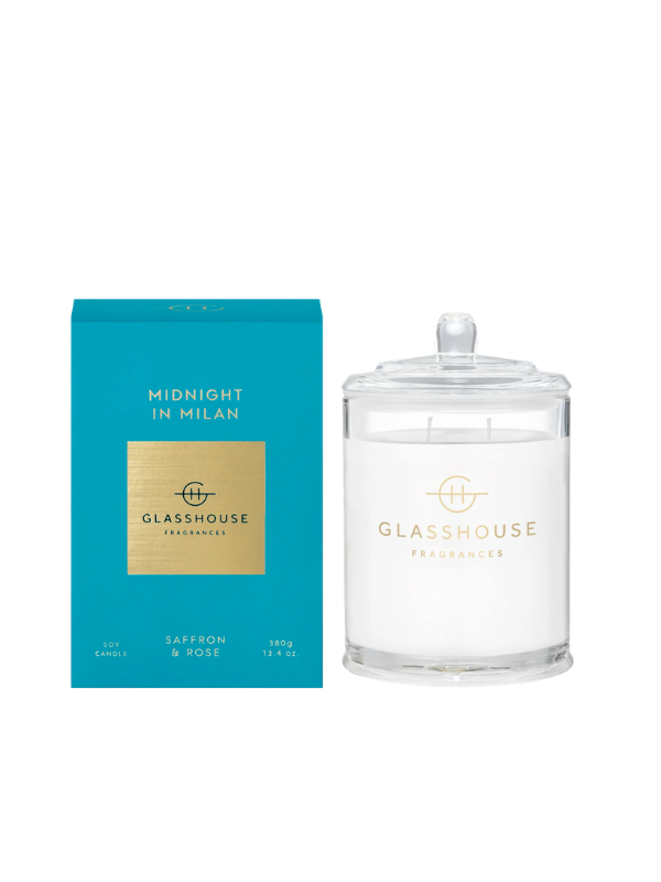 Saffron and rose midnight in milan non-toxic soy candle by glasshouse fragrances