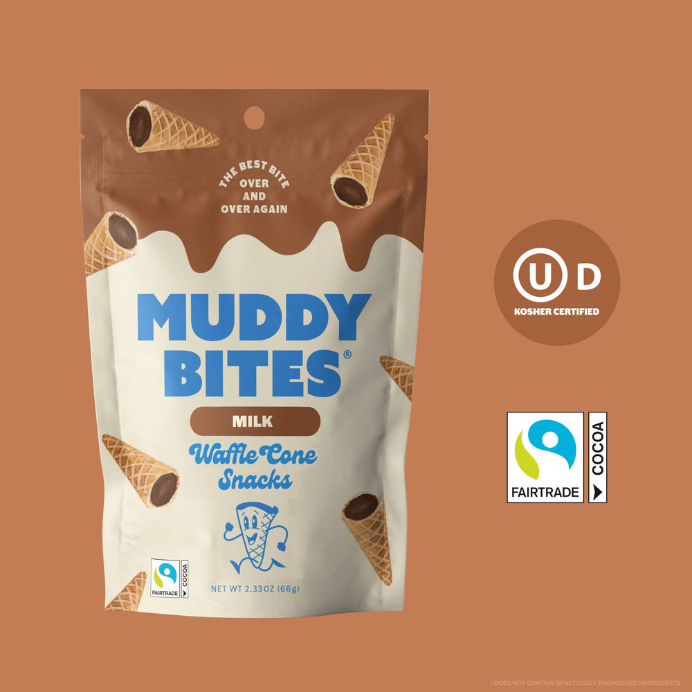 Muddy Bites milk waffle cone snacks packaging on a brown background