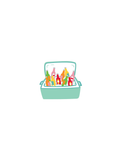 teal cooler attachment with colorful bottles on a white background